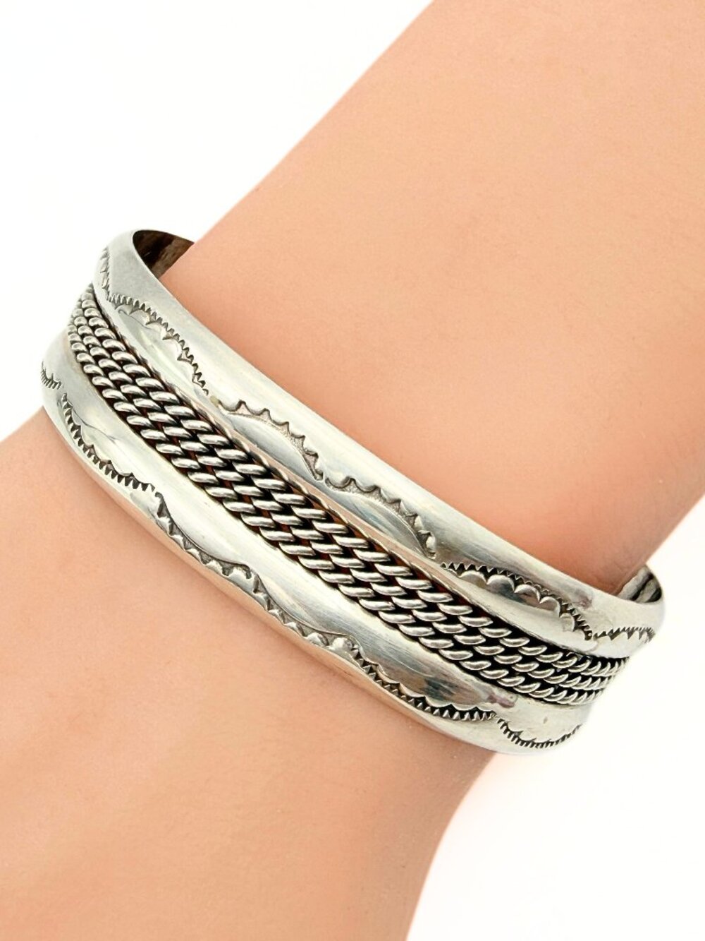 Native American Old Style Navajo Hand Stamped Sterling Silver Cuff Bracelet